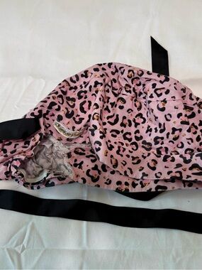 KimsKaps Pink Leopard Print Scrub cap ponytail style.